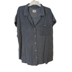 ID:23 Womens Shirt Button Up Cuffed Cap Sleeves Blue Pocket Rayon Soft Casual